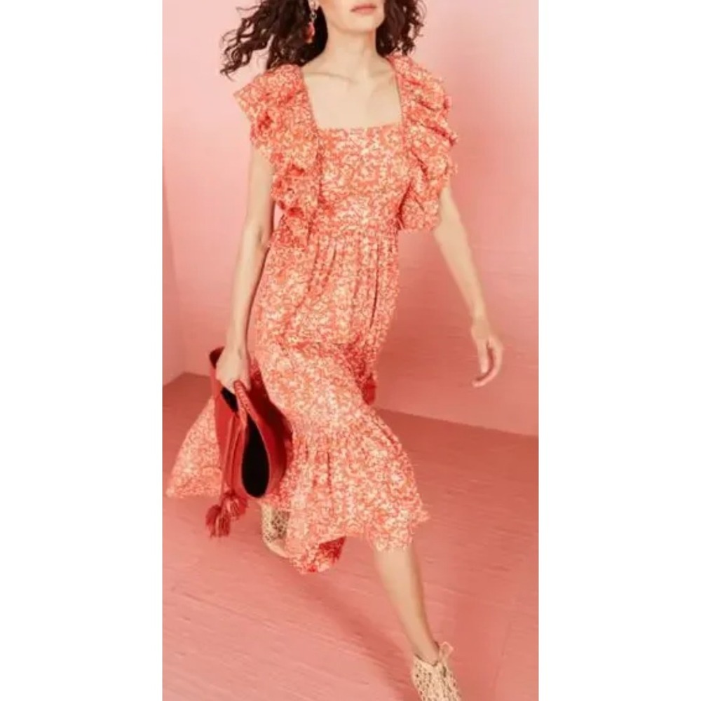 Ulla Johnson Freida Dress Womens 4 Coral Midi Cotton Floral‎ Tie Back Ruffle
